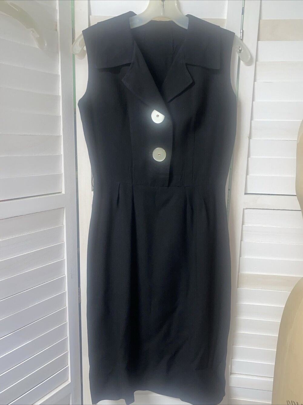 Vintage 50s Handmade Black Cotton Twill Linen Pencil Sheath Dress Size Medium